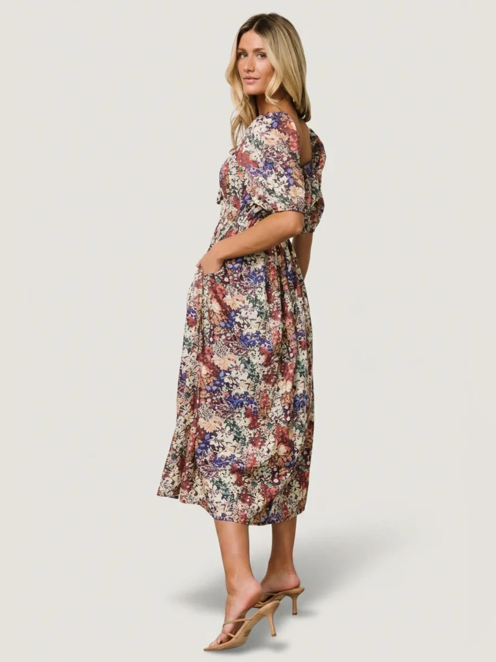 EUC Baltic Born Eden Dress Multi-Color Floral Puff Sleeve Square Neck Midi Dress - Picture 3 of 14